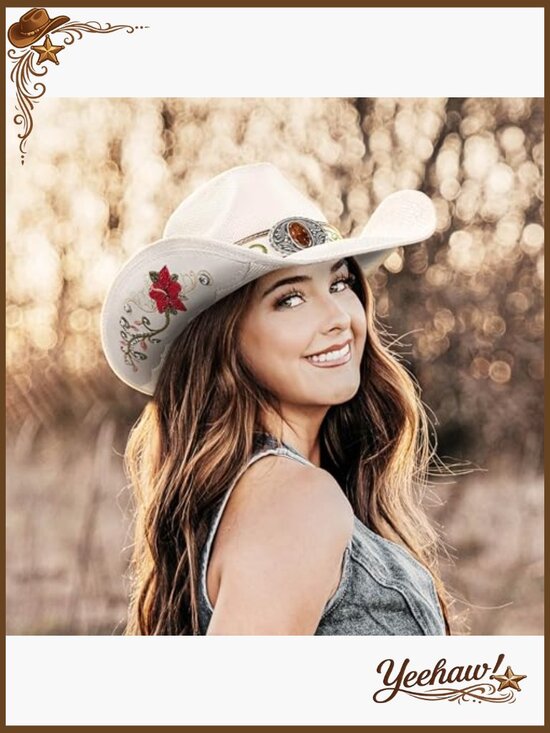 Embroidered Straw Cowboy Hat Adjustable Sizes Western Floral Design main image 3
